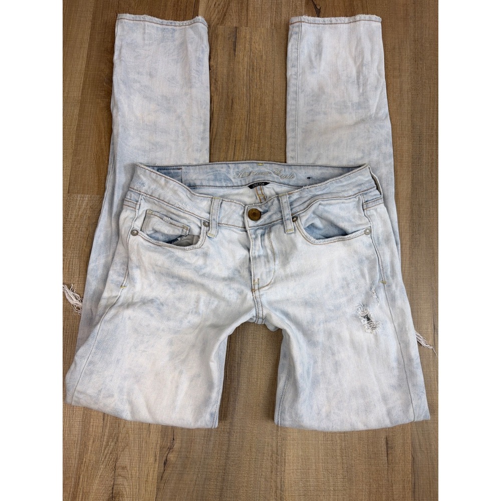 American Eagle Skinny Jeans Women 6 Long Light Acid Wash Distressed Stretch